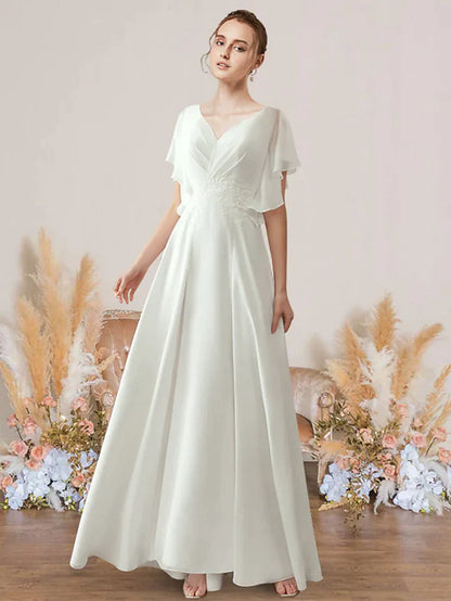 A-Line Wedding Dresses V Neck Floor Length Chiffon Lace Short Sleeve Simple with Pleats Appliques