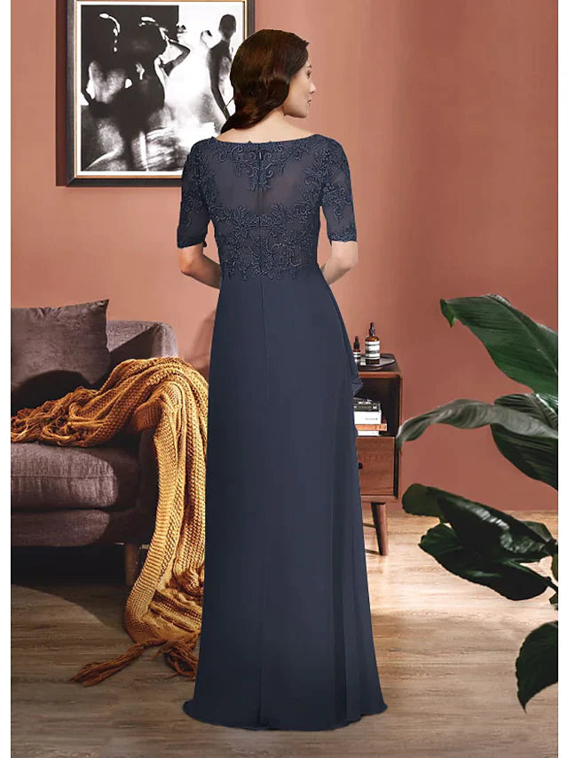 Mother of the Bride Dress Elegant V Neck Chiffon Lace Half Sleeve with Appliques Ruching