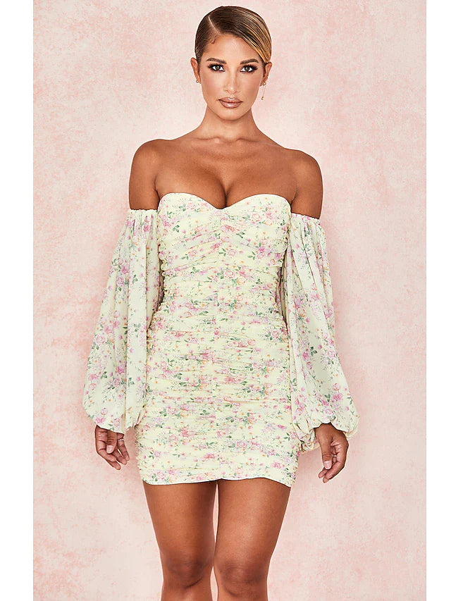 Sexy Floral Party Wear Cocktail Party Dress Off Shoulder Long Sleeve Short Mini Spandex with Ruched Pattern Print