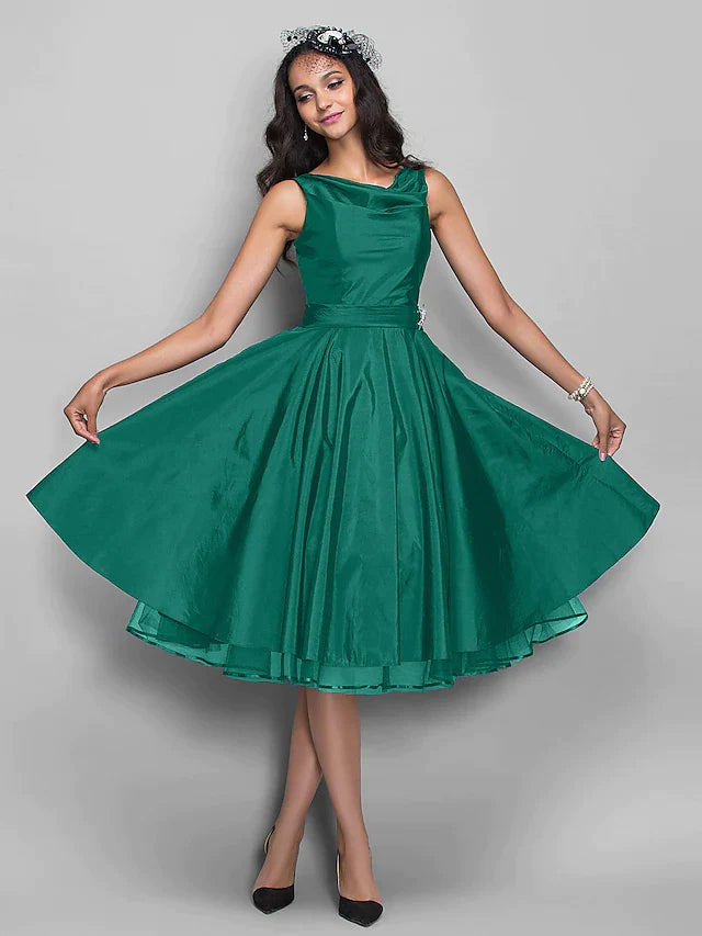 Ball Gown Cocktail Party Prom Dress V Neck Sleeveless Knee Length Taffeta with Pleats Crystals