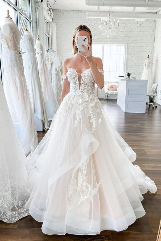 Fairy A Line Off the Shoulder V-Neck Tulle Wedding Dresses with Lace