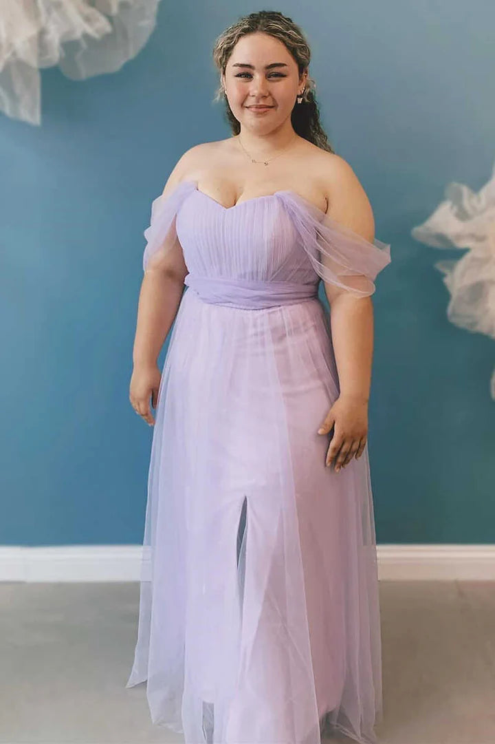 Lavender Chiffon Off-the-Shoulder Tulle A-Line Bridesmaid Dress