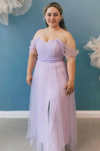 Lavender Chiffon Off-the-Shoulder Tulle A-Line Bridesmaid Dress