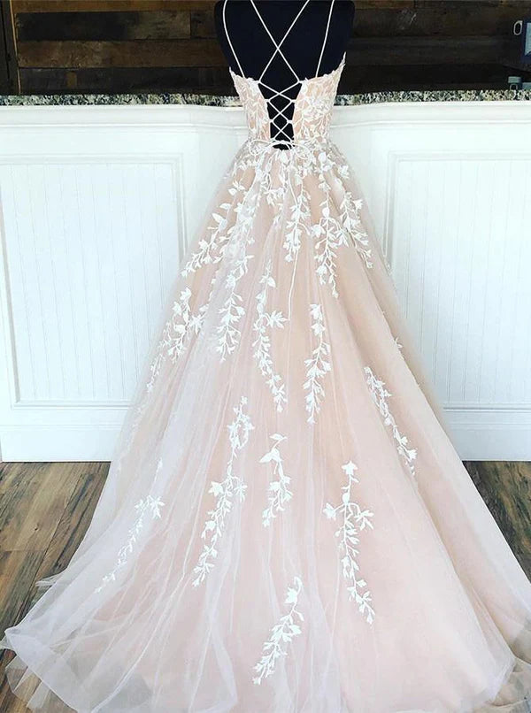 A Line Party Dresses Formal Dresses Spaghetti Straps Sweetheart Long Prom Dress With Appliques