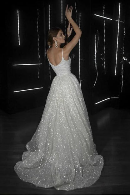 A Line Backless Beach Wedding Dress V Neck Sequins Ivory Wedding Gowns