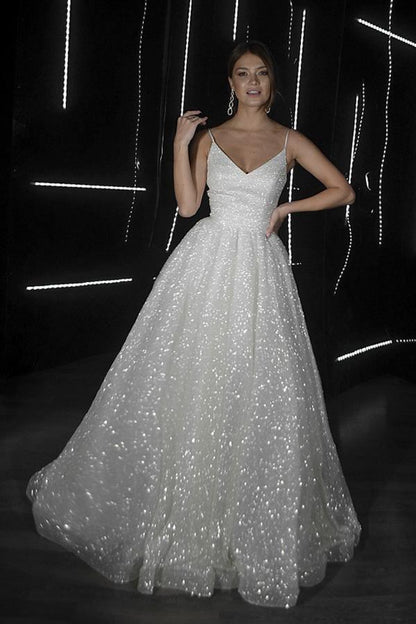 A Line Backless Beach Wedding Dress V Neck Sequins Ivory Wedding Gowns