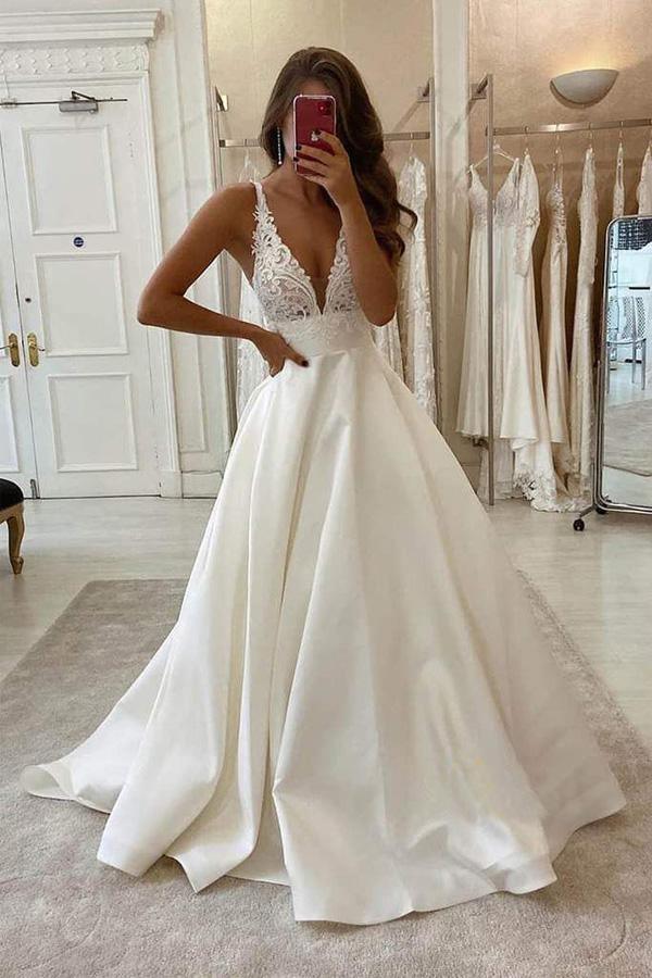 A-Line V-neck Ivory Satin Simple Wedding Dress Backless Bridal Gowns