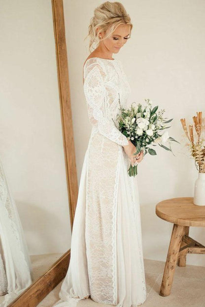 Sheath Bateau Long Sleeves Backless Chiffon Wedding Dress with Lace