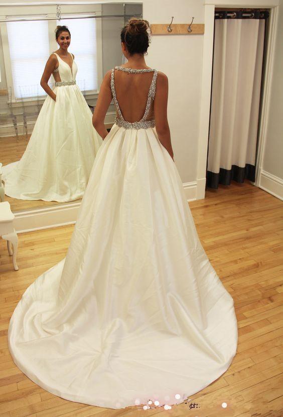 A-line Beads Sleeveless V-neck Sweep-Train Wedding Dress