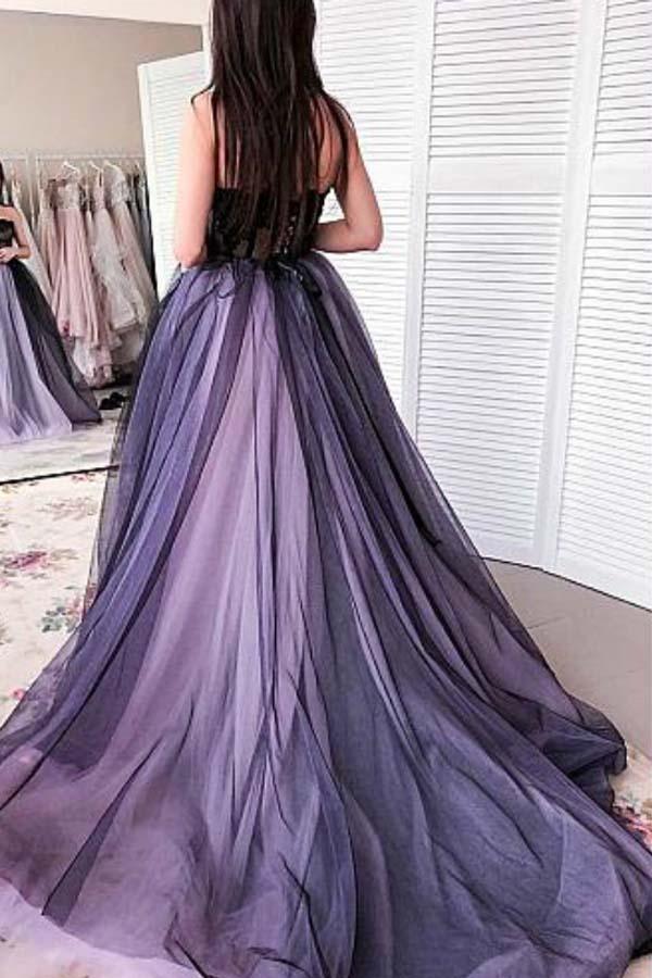 A-line Purple Black Tulle Sweetheart Appliques Beading Prom Dress