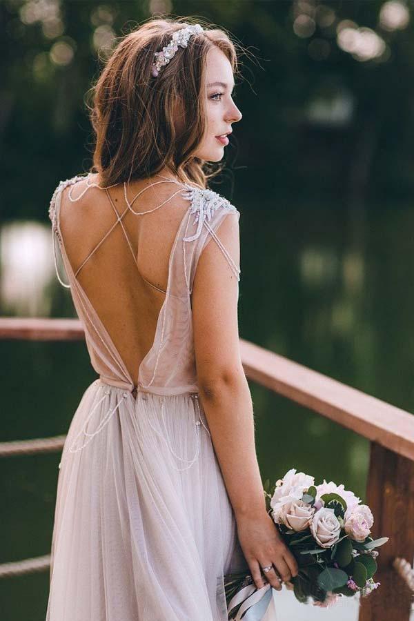 A-line Cap Sleeves Silver Long Tulle Beach Wedding Dress