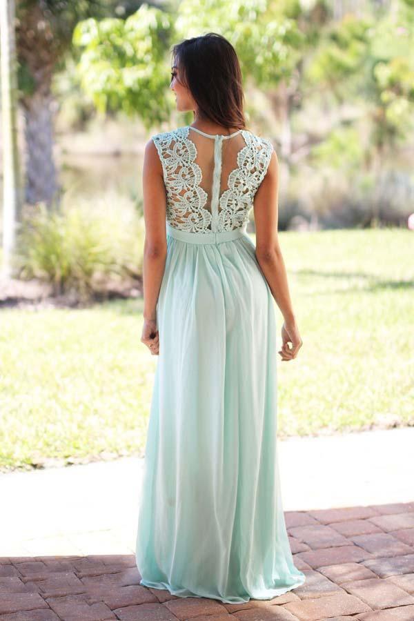 A-Line Crew Floor-Length Mint Chiffon Bridesmaid Dress with Lace