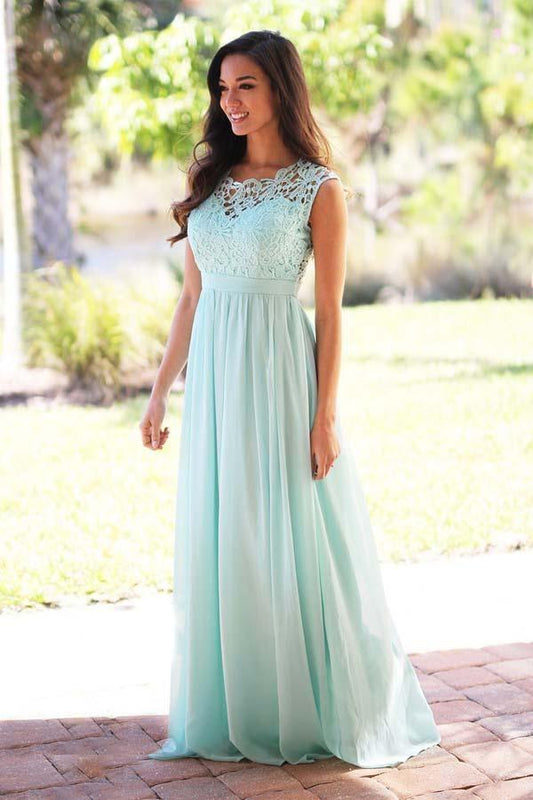 A-Line Crew Floor-Length Mint Chiffon Bridesmaid Dress with Lace