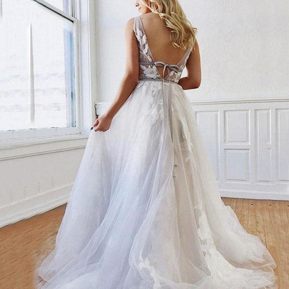 A Line Deep V-Neck Backless White Wedding Dress With Appliques