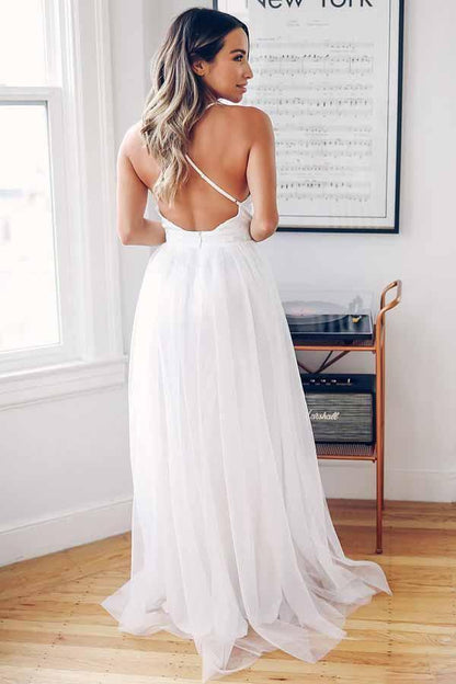 A-Line Deep V-Neck Crisscross Back Sweep Train Wedding Dress