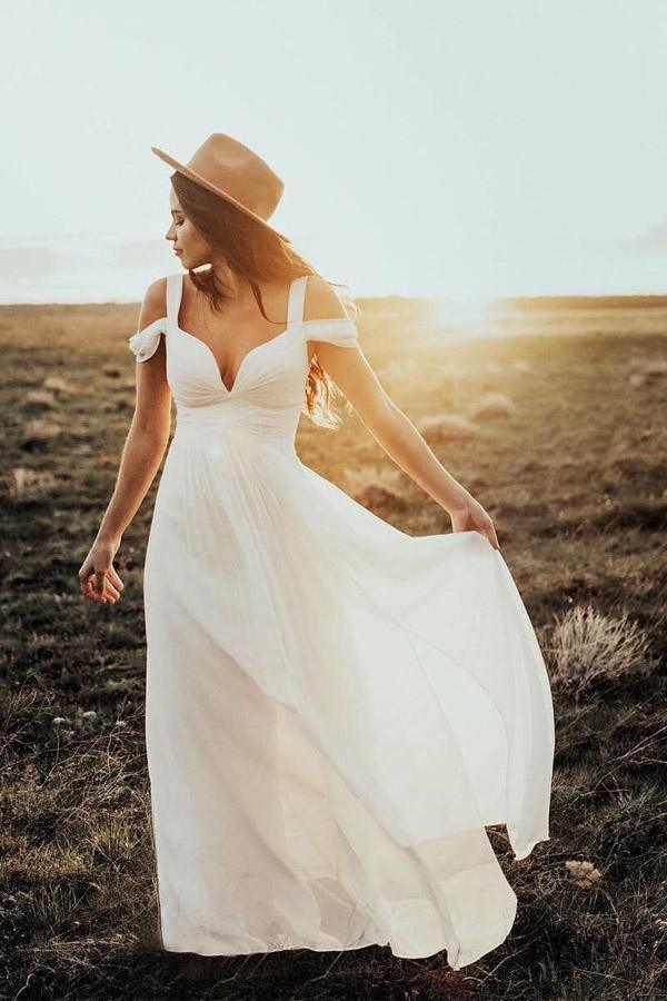 A-line Elegant Chiffon Ivory Beach Wedding Dress Bridal Gown