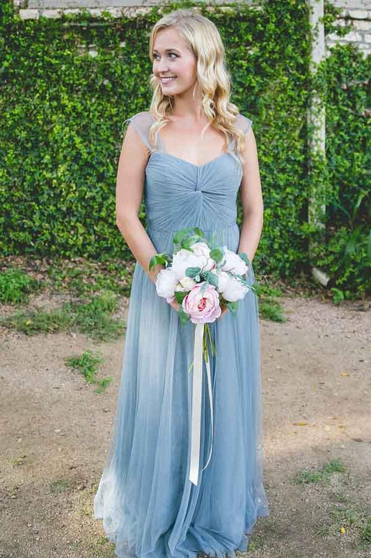 A-line Floor-Length Turquoise Sleeveless Tulle Bridesmaid Dress