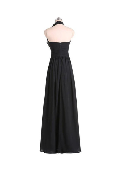 A-line Halter Floor Length Chiffon Black Bridesmaid Dress With Pleats