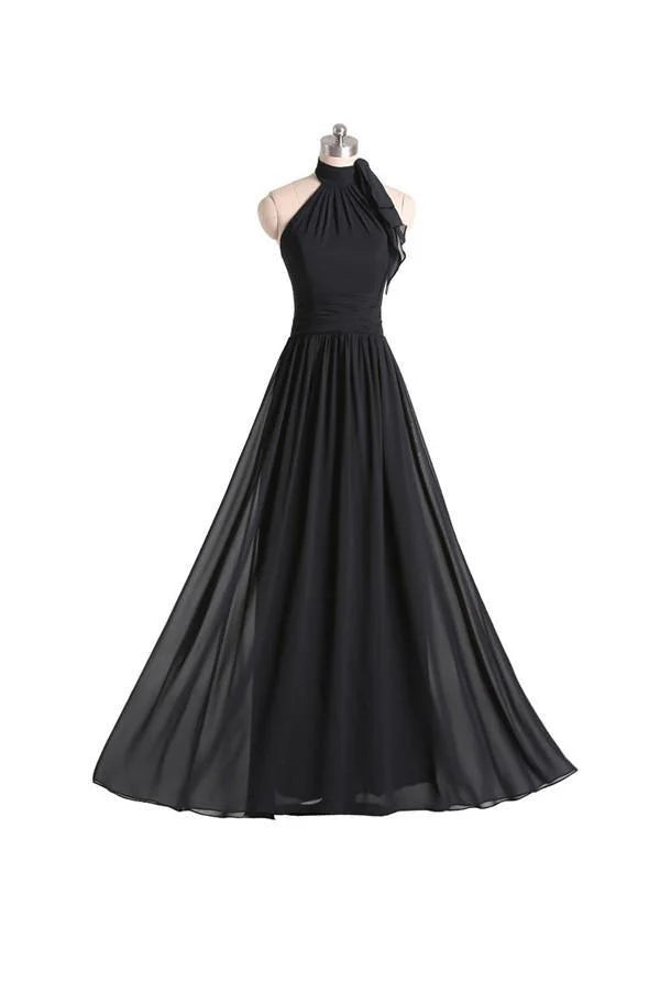 A-line Halter Floor Length Chiffon Black Bridesmaid Dress With Pleats