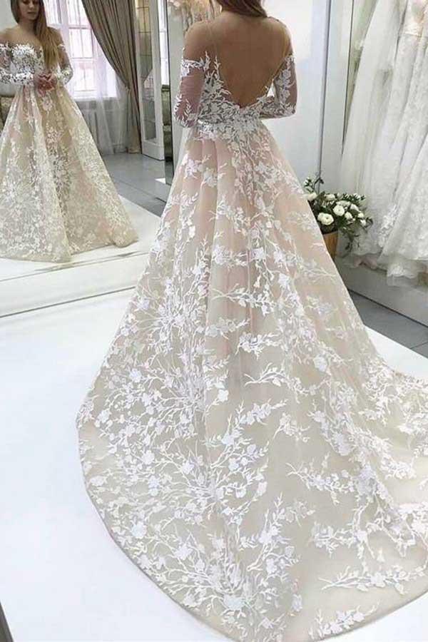 A-Line Illusion Bateau Long Sleeves Backless Ivory Lace Wedding Dress