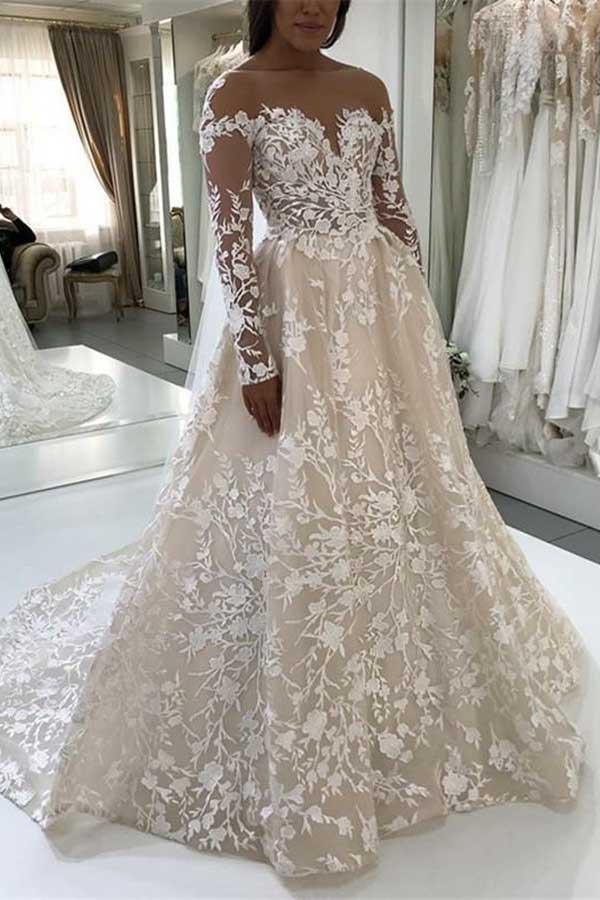 A-Line Illusion Bateau Long Sleeves Backless Ivory Lace Wedding Dress