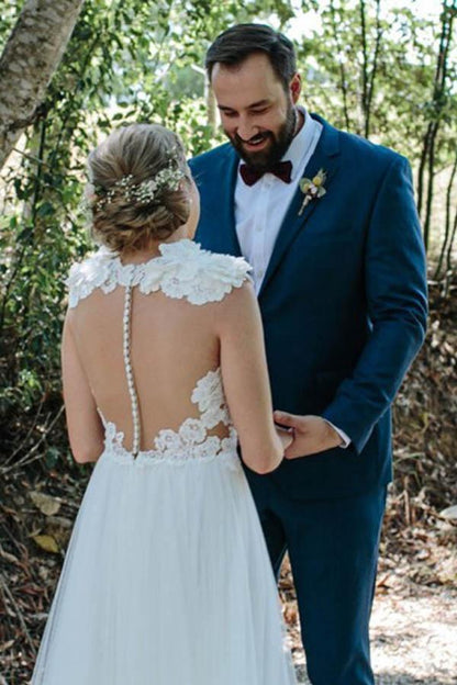 A-Line Jewel Sweep Train White Tulle Wedding Dress with Appliques