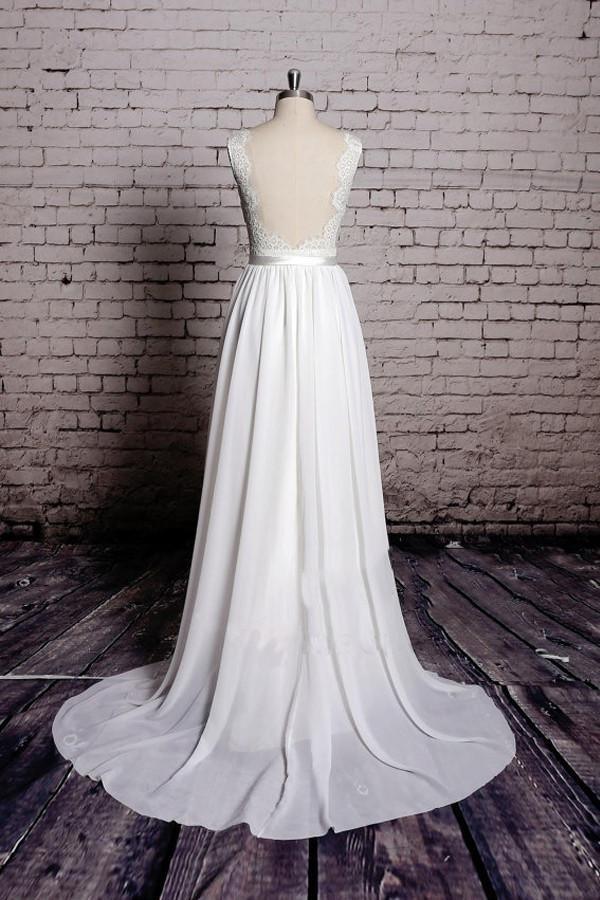 A-line Lace V-Neck Backless Sheath Long Wedding Dress