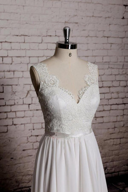 A-line Lace V-Neck Backless Sheath Long Wedding Dress