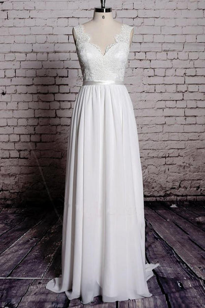 A-line Lace V-Neck Backless Sheath Long Wedding Dress