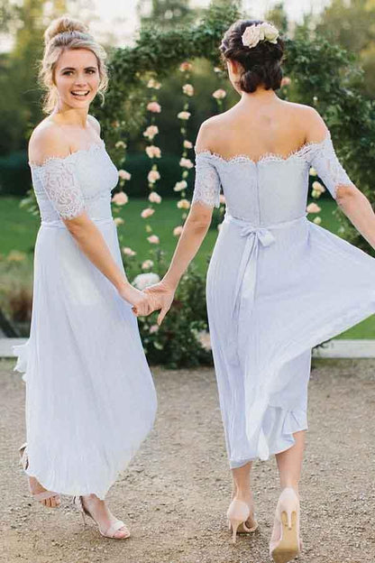 A-Line Off-the-Shoulder Light Blue Pleated Chiffon Bridesmaid Dress with Lace