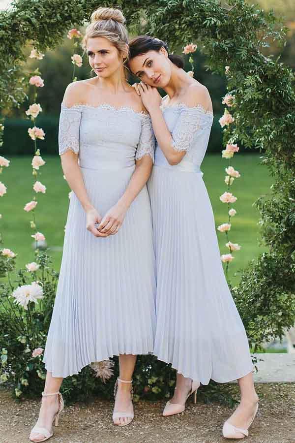 A-Line Off-the-Shoulder Light Blue Pleated Chiffon Bridesmaid Dress with Lace