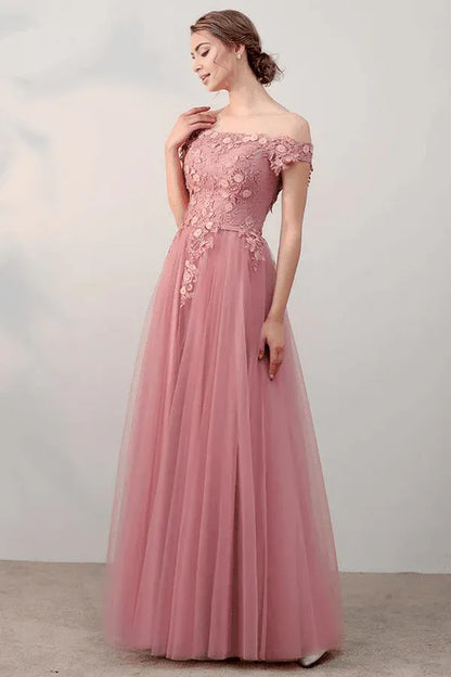 A-line Off-the-shoulder Evening Dress Floor Length Tulle Prom Dress With Applique