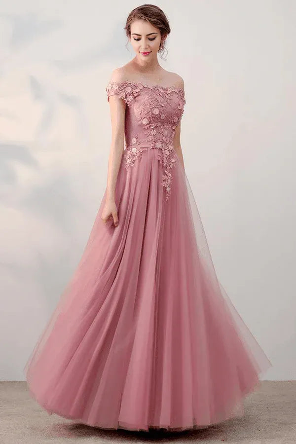 A-line Off-the-shoulder Evening Dress Floor Length Tulle Prom Dress With Applique