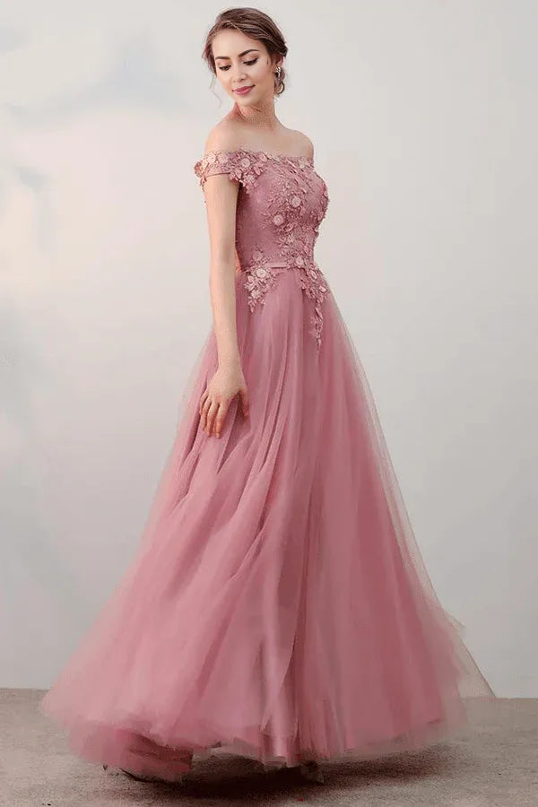 A-line Off-the-shoulder Evening Dress Floor Length Tulle Prom Dress With Applique