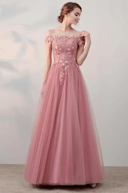 A-line Off-the-shoulder Evening Dress Floor Length Tulle Prom Dress With Applique