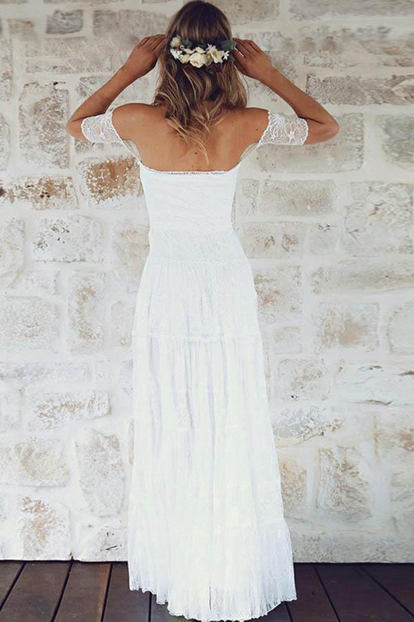 A-Line Off-the-Shoulder Short Sleeves Lace Boho Wedding Dress