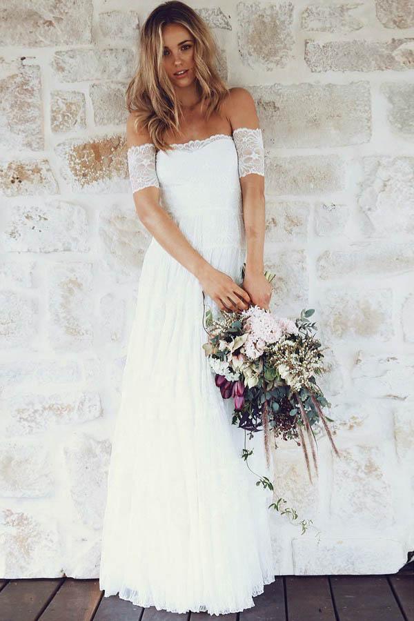 A-Line Off-the-Shoulder Short Sleeves Lace Boho Wedding Dress