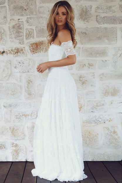 A-Line Off-the-Shoulder Short Sleeves Lace Boho Wedding Dress