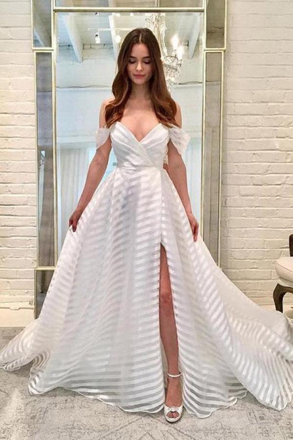 A-Line Off-the-Shoulder Sweep Train White Wedding Dress with Tiered Split