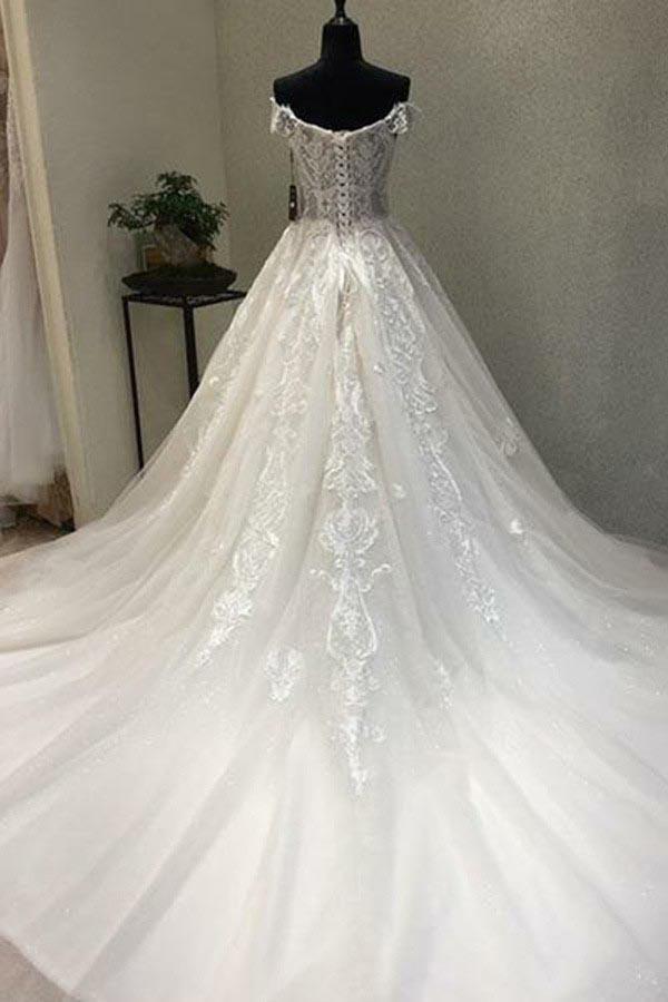 A-Line Off-the-Shoulder Short Sleeves Wedding Dress with Appliques