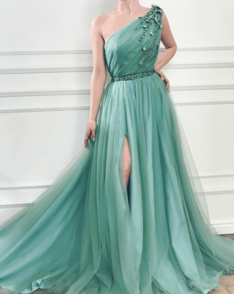 A-line One Shoulder Sweep/Brush Train /Formal Dresses Jungle Tulle Prom Dresses With Beading