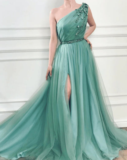 A-line One Shoulder Sweep/Brush Train /Formal Dresses Jungle Tulle Prom Dresses With Beading
