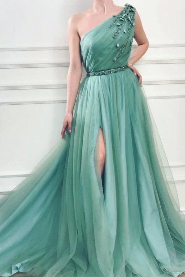 A-line One Shoulder Sweep/Brush Train /Formal Dresses Jungle Tulle Prom Dresses With Beading