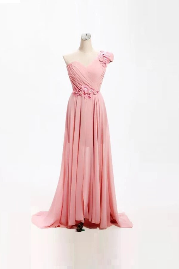 Party Dresses Formal Dresses A-line One Shoulder Long Chiffon Bridesmaid Dress with 3D Flowers