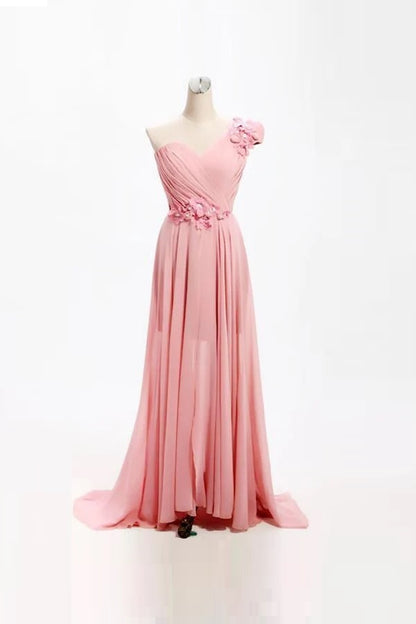 Party Dresses Formal Dresses A-line One Shoulder Long Chiffon Bridesmaid Dress with 3D Flowers