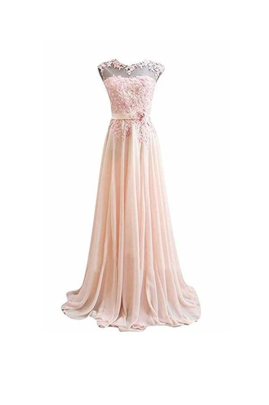 A Line  Long Lace Chiffon Prom Evening DressesA Line Pink Long Lace Chiffon Prom Evening Dresses