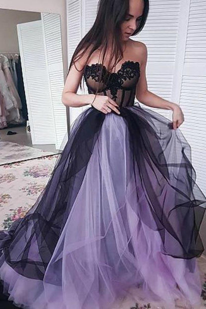 A-line Purple Black Tulle Sweetheart Appliques Beading Prom Dress