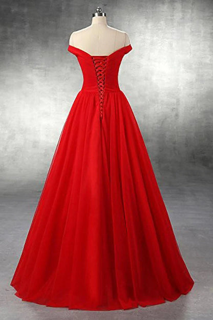 A-line Red Floor Length Tulle PromDresses Evening Dresses