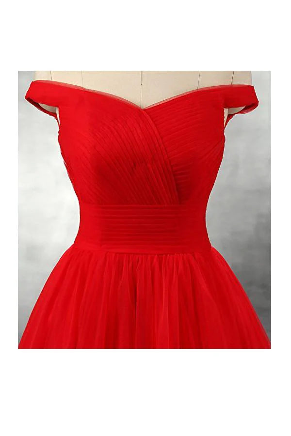 A-line Red Floor Length Tulle PromDresses Evening Dresses