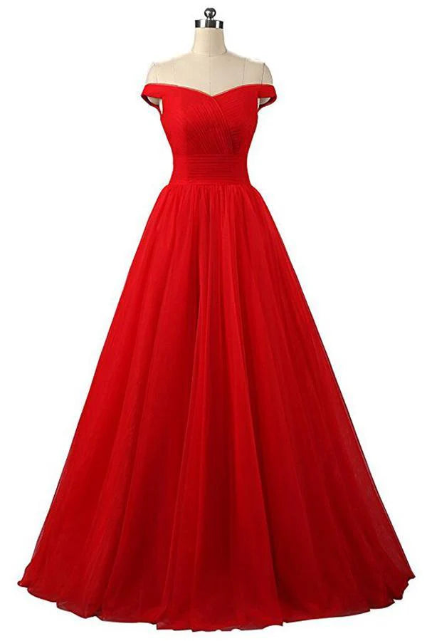 A-line Red Floor Length Tulle PromDresses Evening Dresses